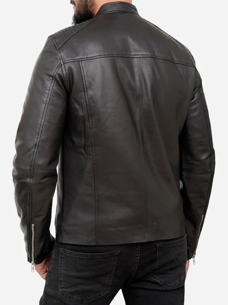 Porsche Men's Black Cafe Racer Sheepskin Leather Motorcycle Jacket with Stand-Up Collar - Image 2