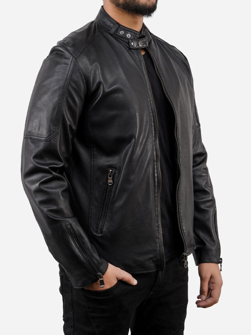 Porsche Men's Black Cafe Racer Sheepskin Leather Jacket - Image 3