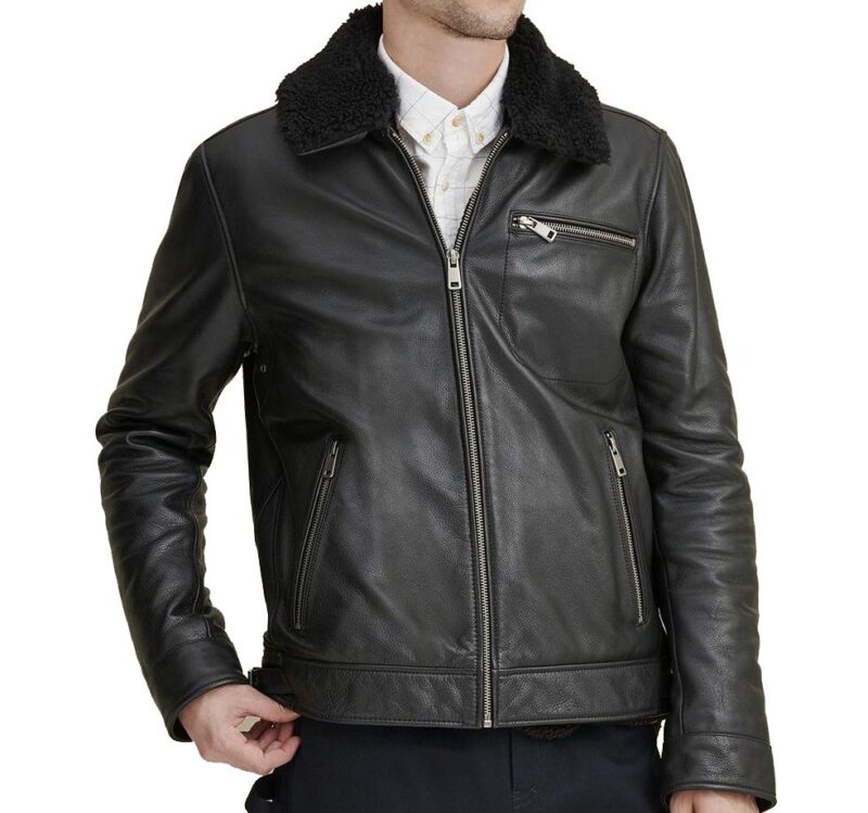 Porsche Black Aviator Leather Jacket with Faux Shearling Collar