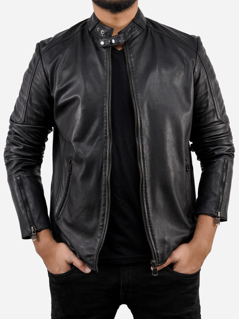 Porsche Men's Black Cafe Racer Sheepskin Leather Jacket - Image 5