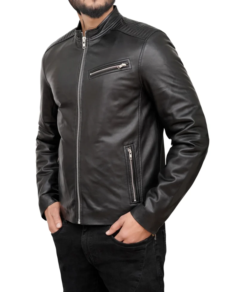 Porsche Men's Black Cafe Racer Sheepskin Leather Motorcycle Jacket with Stand-Up Collar - Image 3