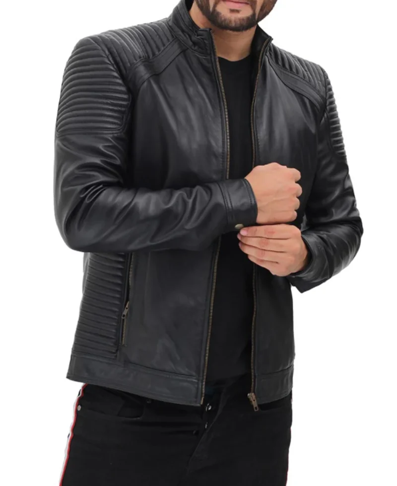 Porsche Men's Black Leather Bomber Jacket with Shoulder and Sleeve Padding - Image 3