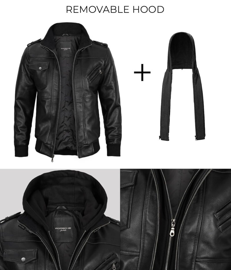 Porsche Men's Black Leather Jacket with Removable Hoodie - Lambskin Leather - Image 4