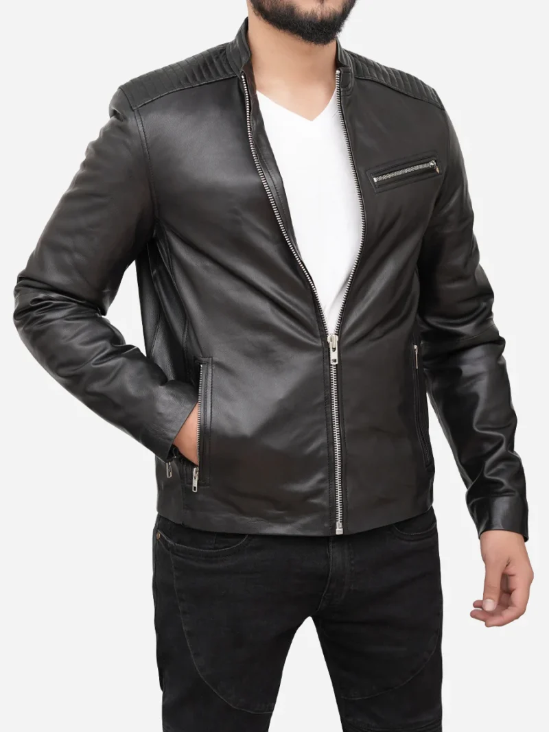 Porsche Men's Black Cafe Racer Sheepskin Leather Motorcycle Jacket with Stand-Up Collar - Image 4