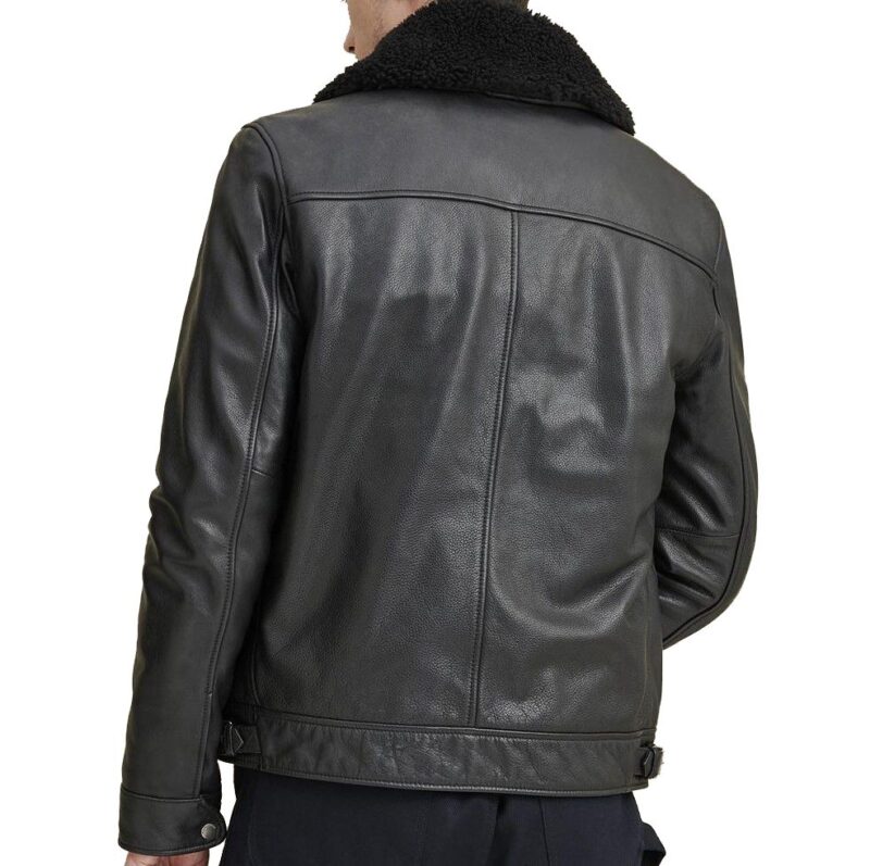 Porsche Black Aviator Leather Jacket with Faux Shearling Collar - Image 2