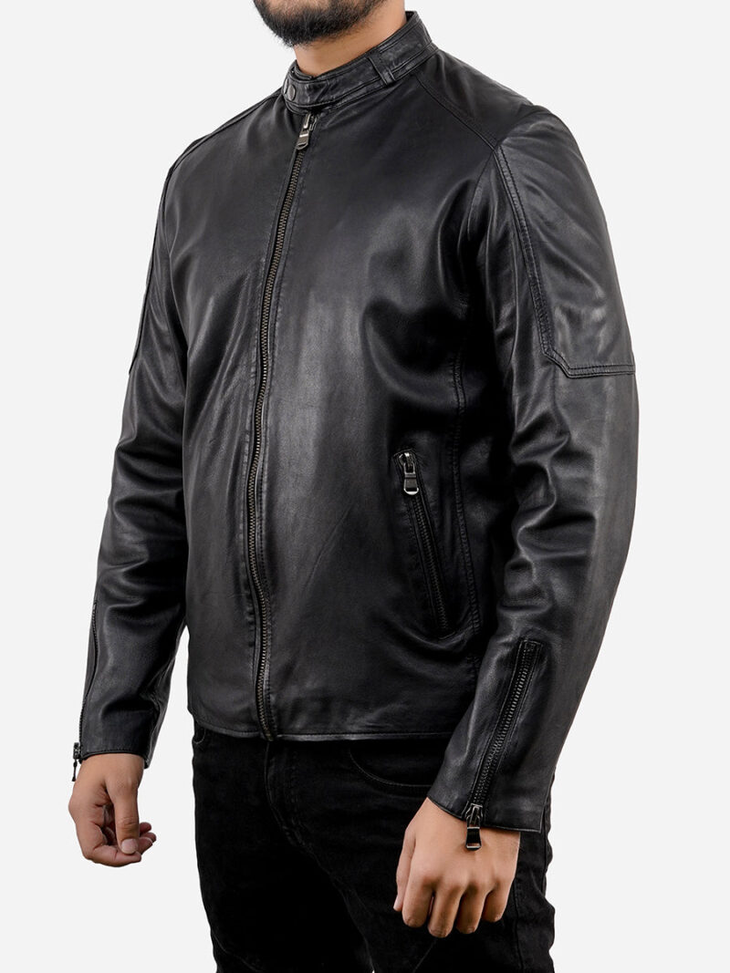 Porsche Men's Black Cafe Racer Sheepskin Leather Jacket - Image 4