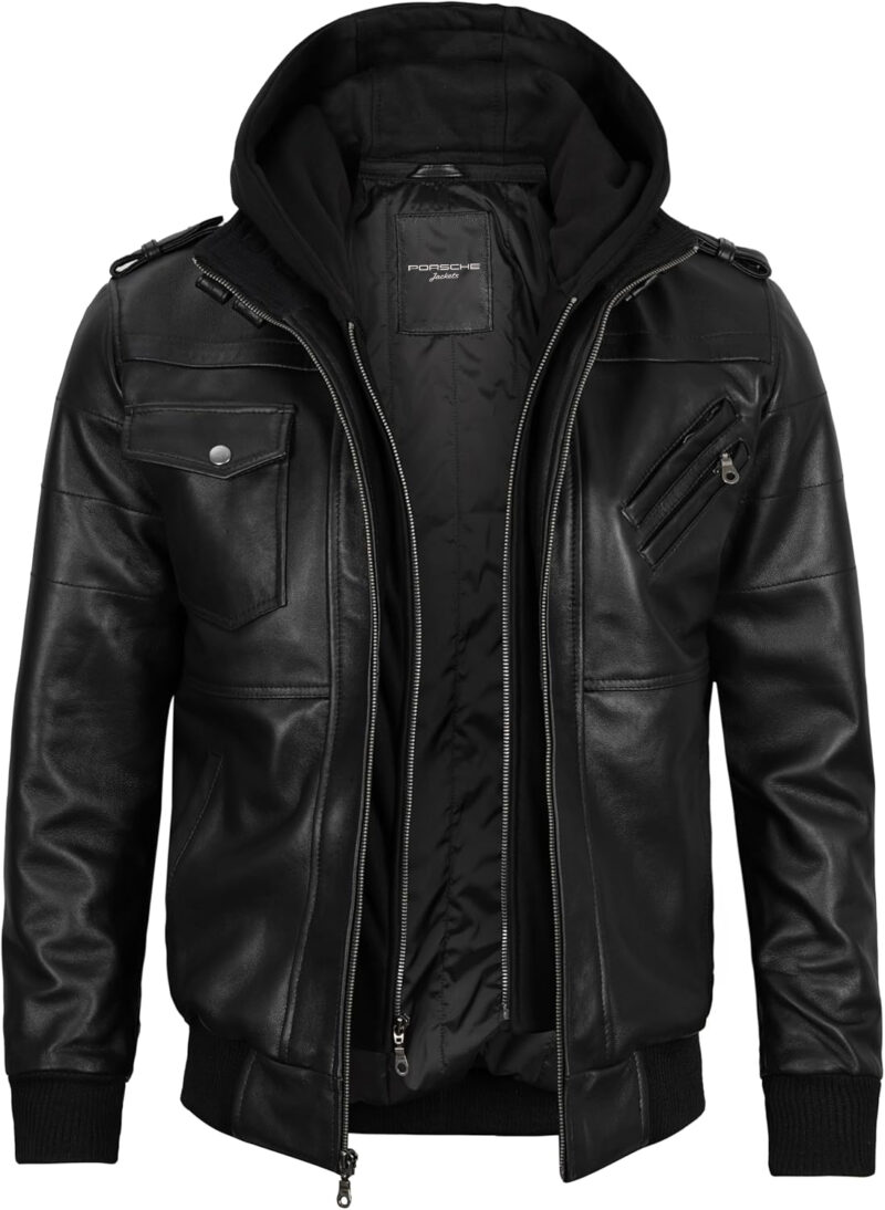 Porsche Men's Black Leather Jacket with Removable Hoodie - Lambskin Leather - Image 3