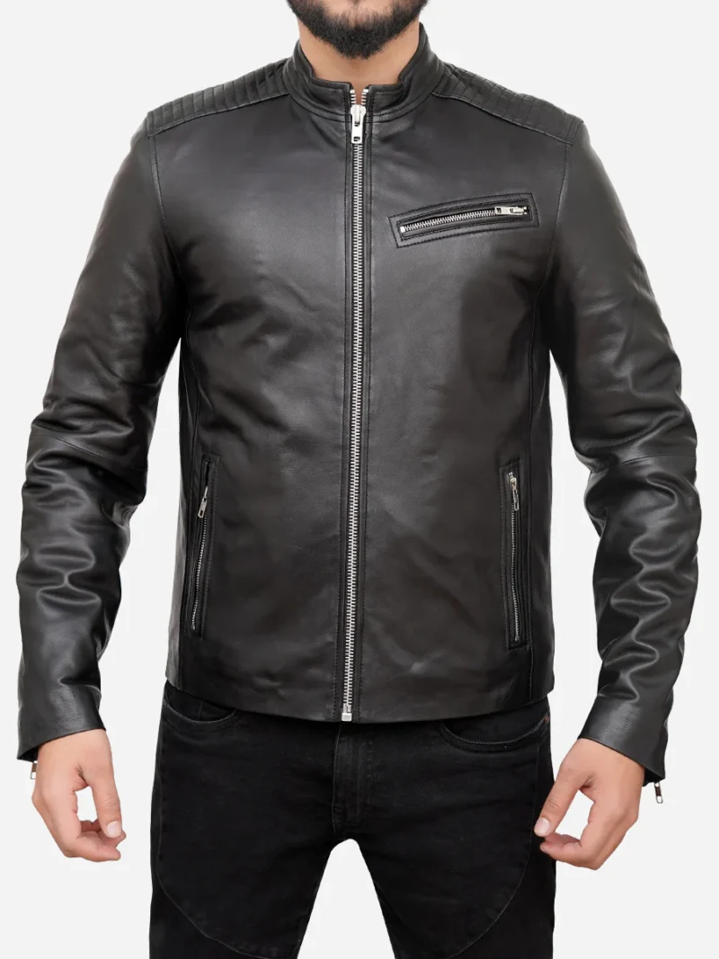 Porsche Men's Black Cafe Racer Sheepskin Leather Motorcycle Jacket with Stand-Up Collar