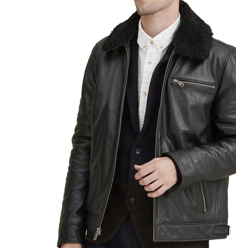 Porsche Black Aviator Leather Jacket with Faux Shearling Collar - Image 3