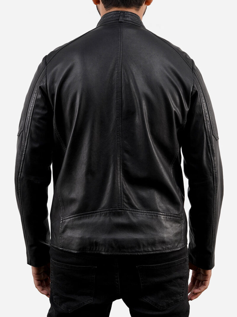 Porsche Men's Black Cafe Racer Sheepskin Leather Jacket - Image 2