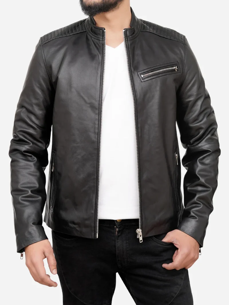 Porsche Men's Black Cafe Racer Sheepskin Leather Motorcycle Jacket with Stand-Up Collar - Image 5