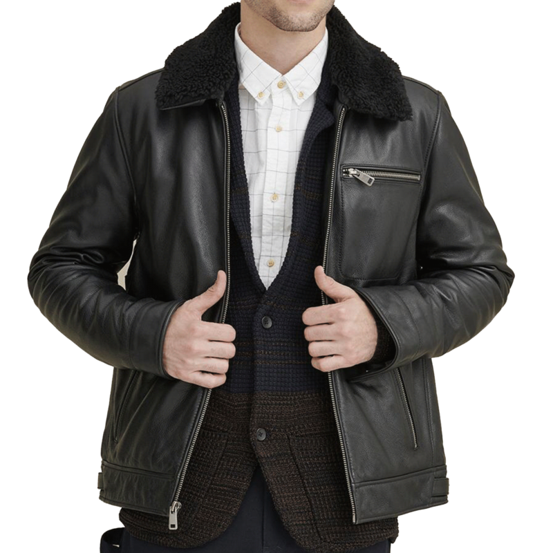 Porsche Black Aviator Leather Jacket with Faux Shearling Collar - Image 4