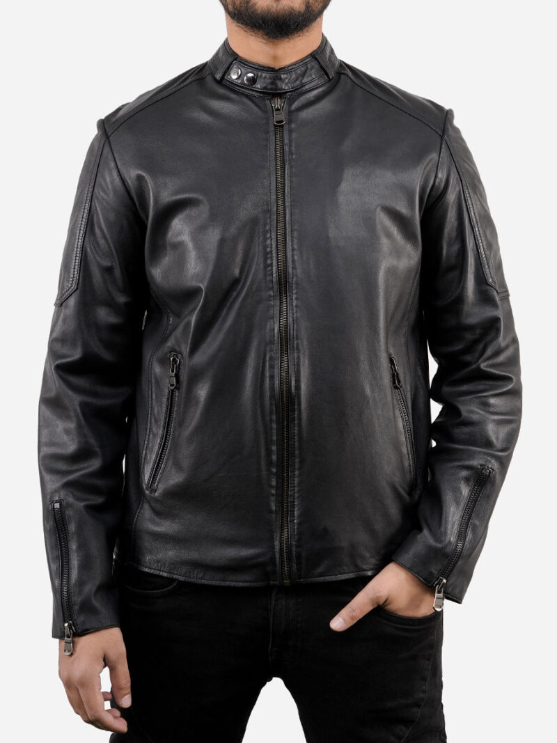 Porsche Men's Black Cafe Racer Sheepskin Leather Jacket