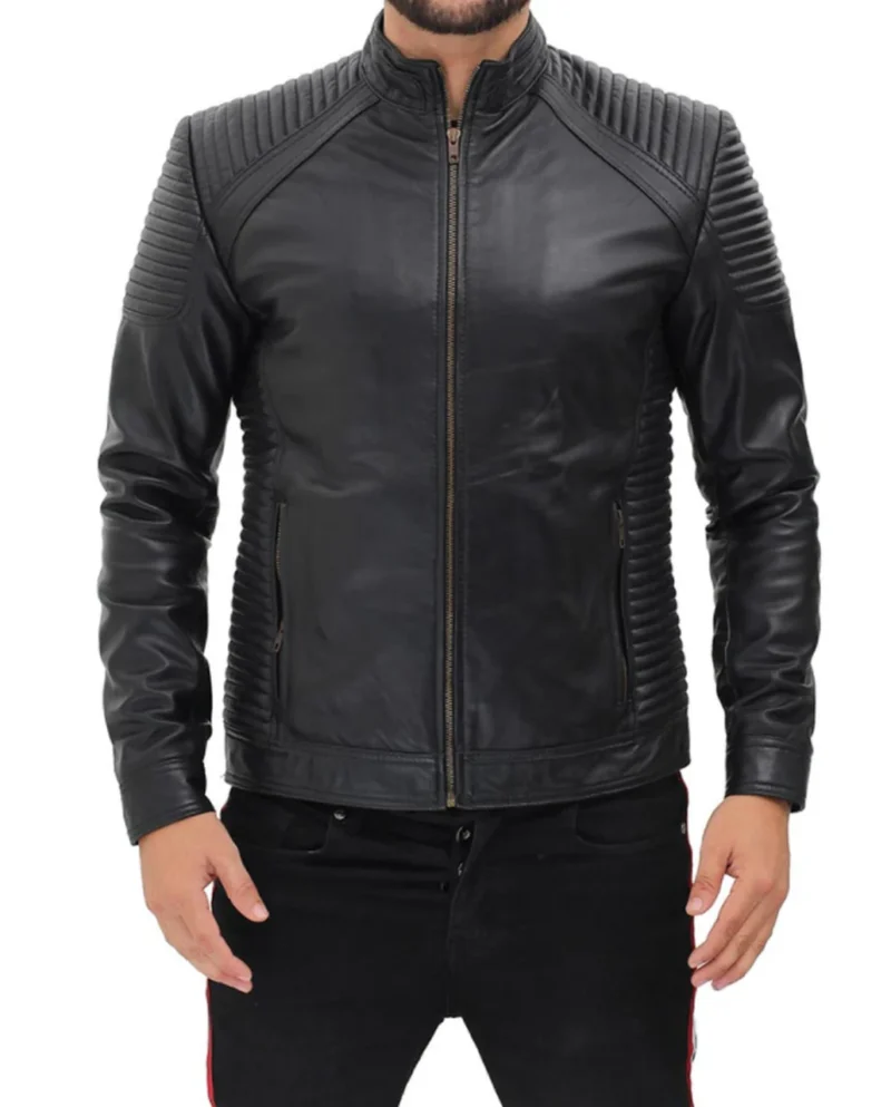 Porsche Men's Black Leather Bomber Jacket with Shoulder and Sleeve Padding