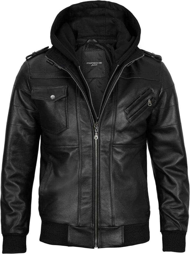 Porsche Men's Black Leather Jacket with Removable Hoodie - Lambskin Leather