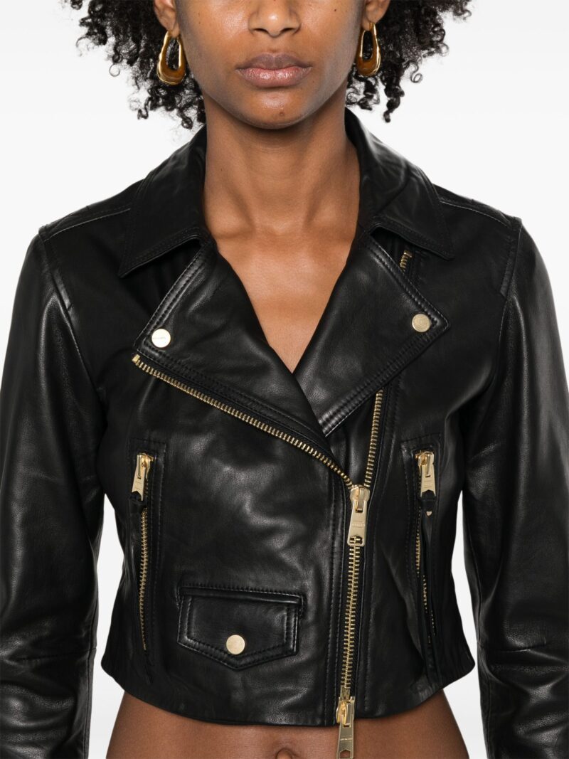 Porsche Women's Black Lambskin Cropped Leather Jacket with Off-Center Zip - Image 4