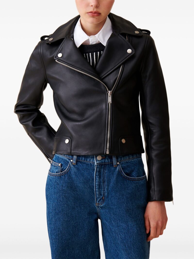 Porsche Women's Black Leather Biker Jacket | Front Zip & Peak Lapels - Image 3