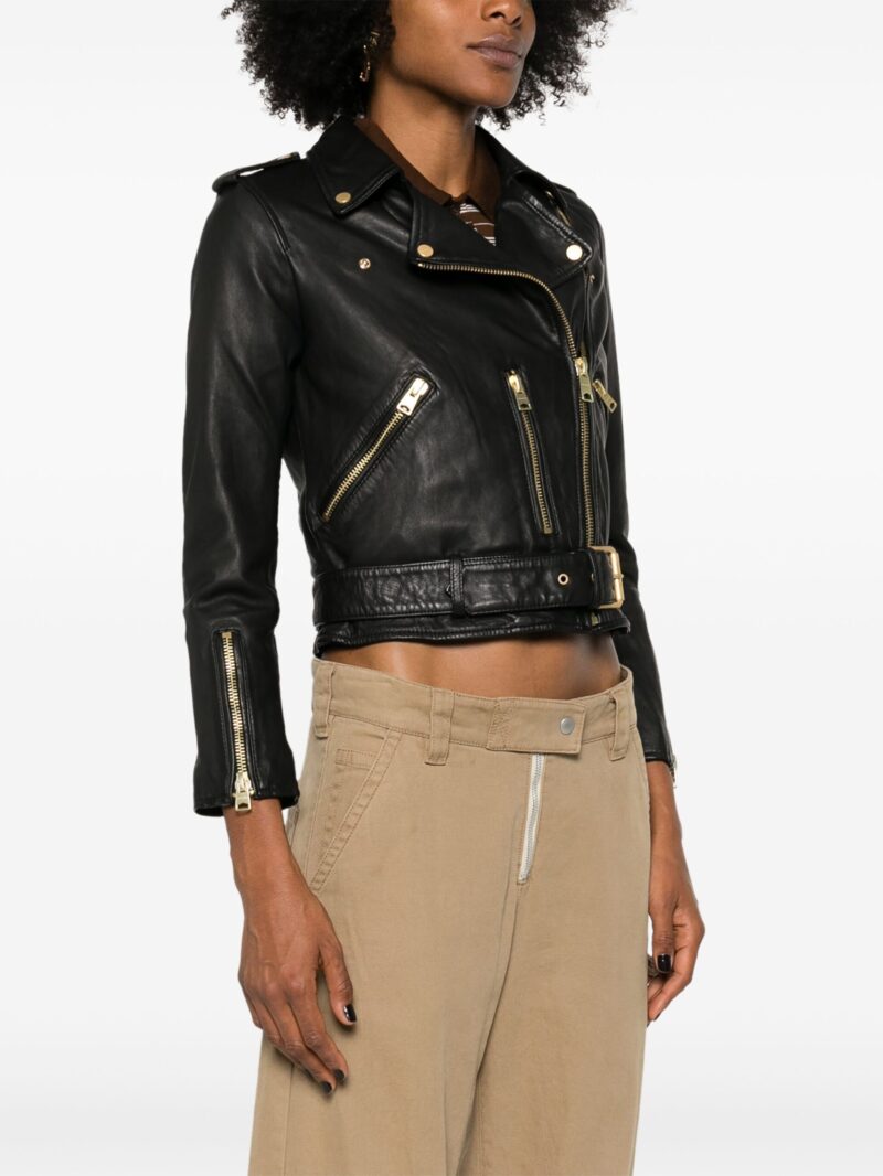 Porsche Women's Black Sheepskin Balfern Biker Jacket with Off-Center Zip and Belted Waist - Image 3