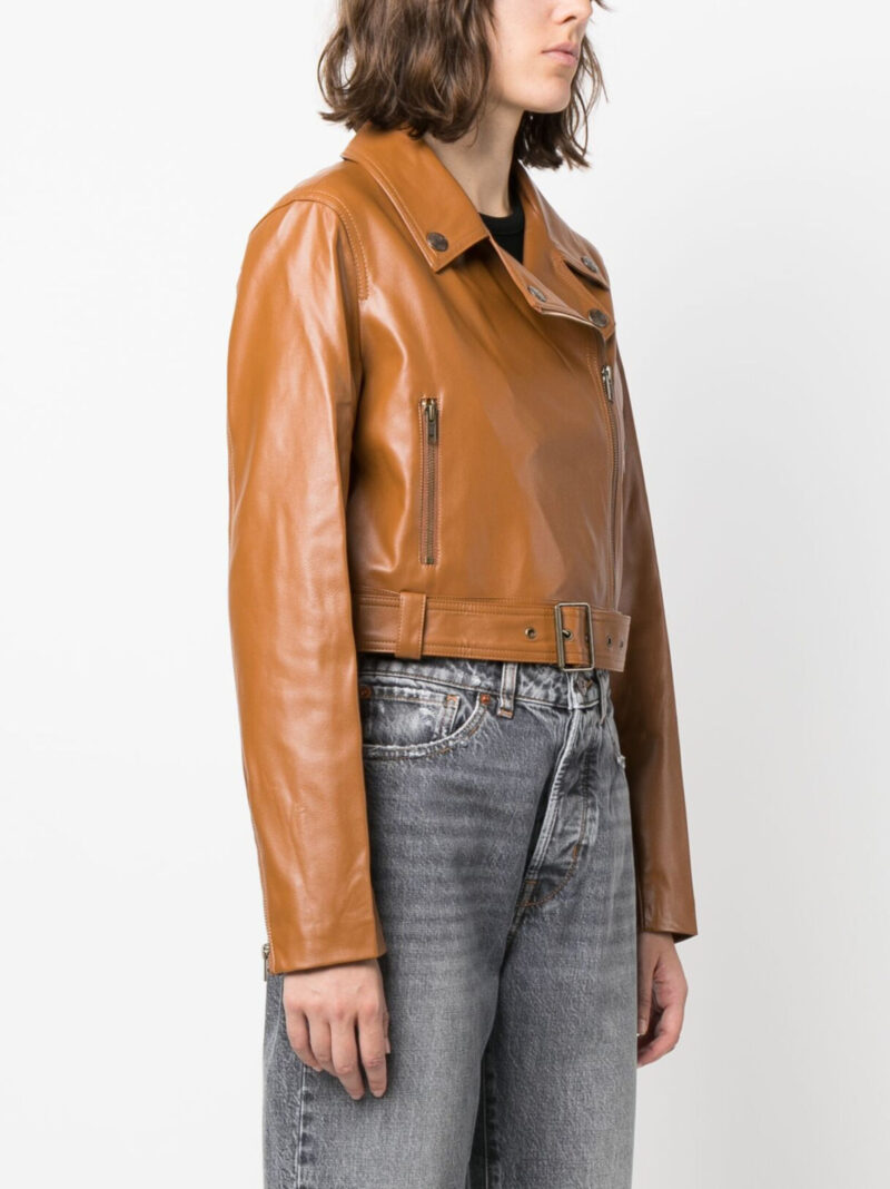 Porsche Women's Black & Tan Brown Lambskin Biker Jacket | Off-Centre Zip, Belted Waist | Cropped Style - Image 3