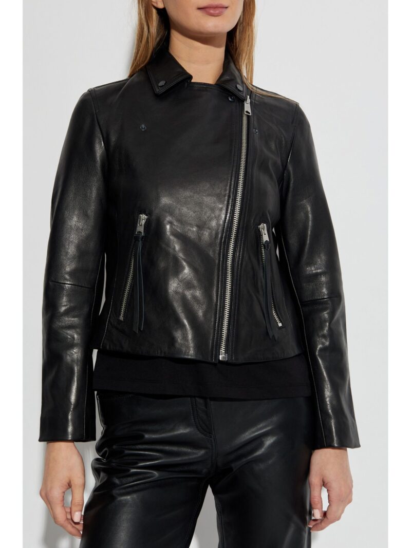 Porsche Black Leather Biker Jacket with Off-Center Zip and Side Pockets - Luxury Women's Fashion - Image 3