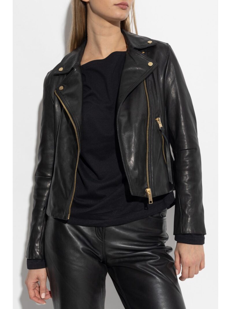 Porsche Black Leather Jacket For Women's with Off-Center Zip and Notched Lapels - Image 3