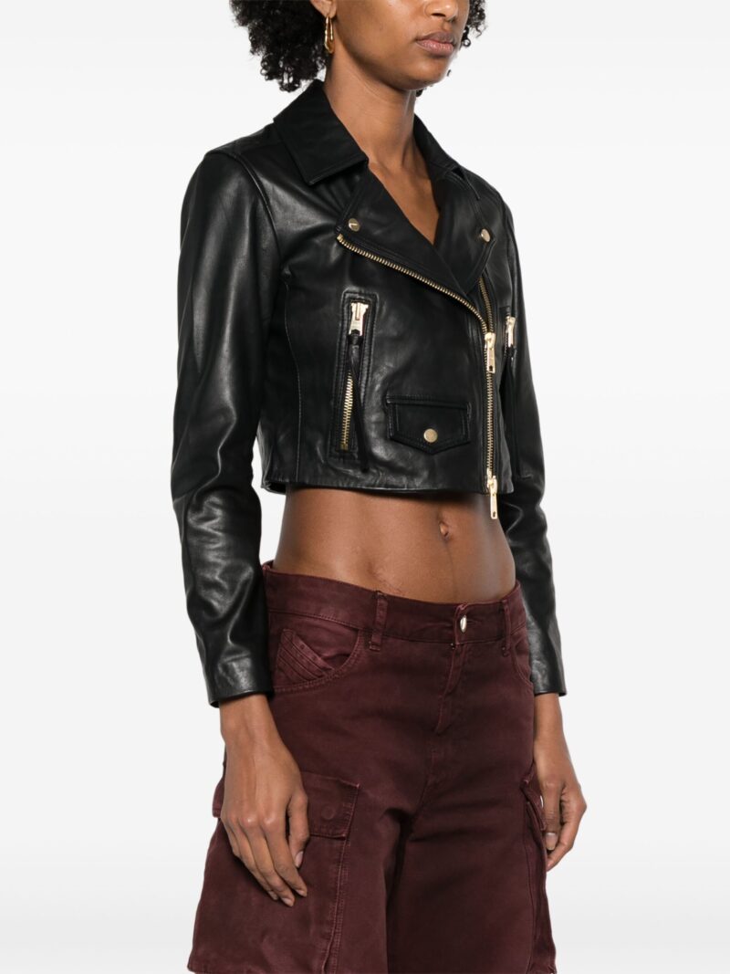 Porsche Women's Black Lambskin Cropped Leather Jacket with Off-Center Zip - Image 3