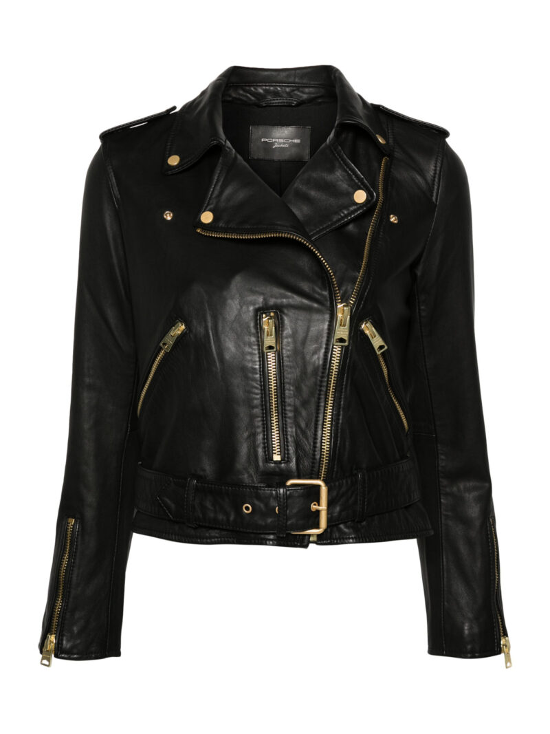 Porsche Women's Black Sheepskin Balfern Biker Jacket with Off-Center Zip and Belted Waist