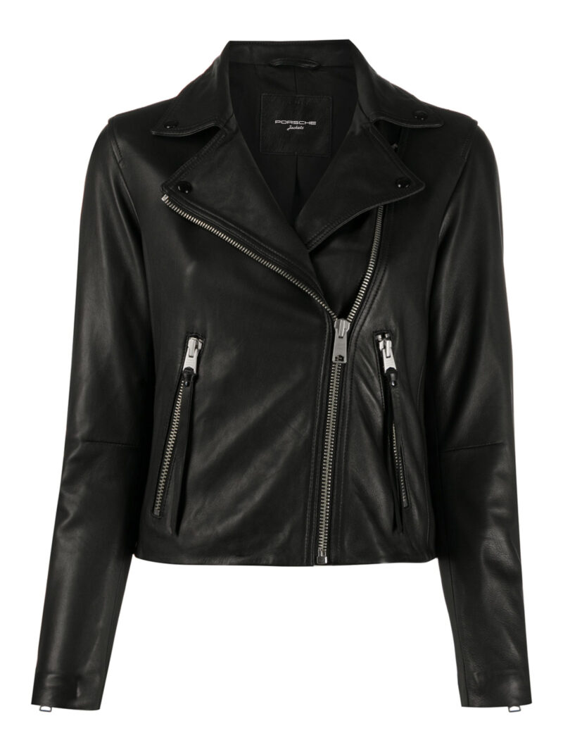 Porsche Women's Black Lambskin Dalby Biker Leather Jacket with Notched Lapels and Off-Center Zip