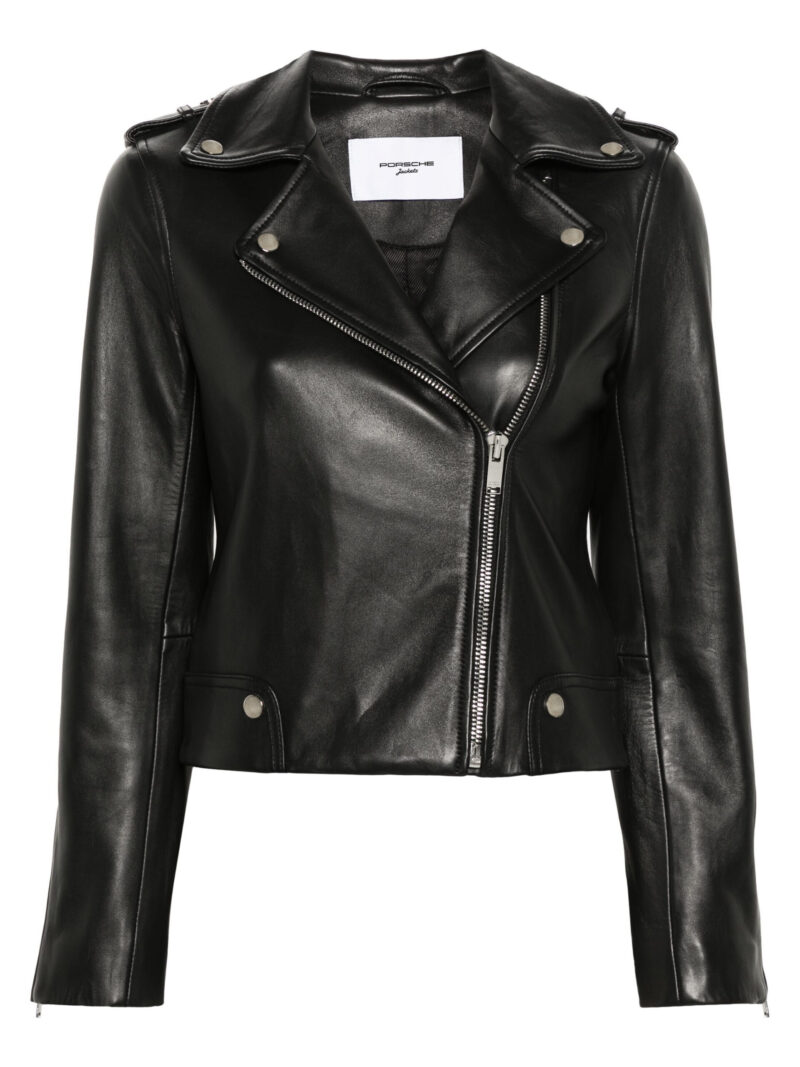 Porsche Women's Black Lambskin Leather Biker Jacket - Smooth Grain, Notched Lapels