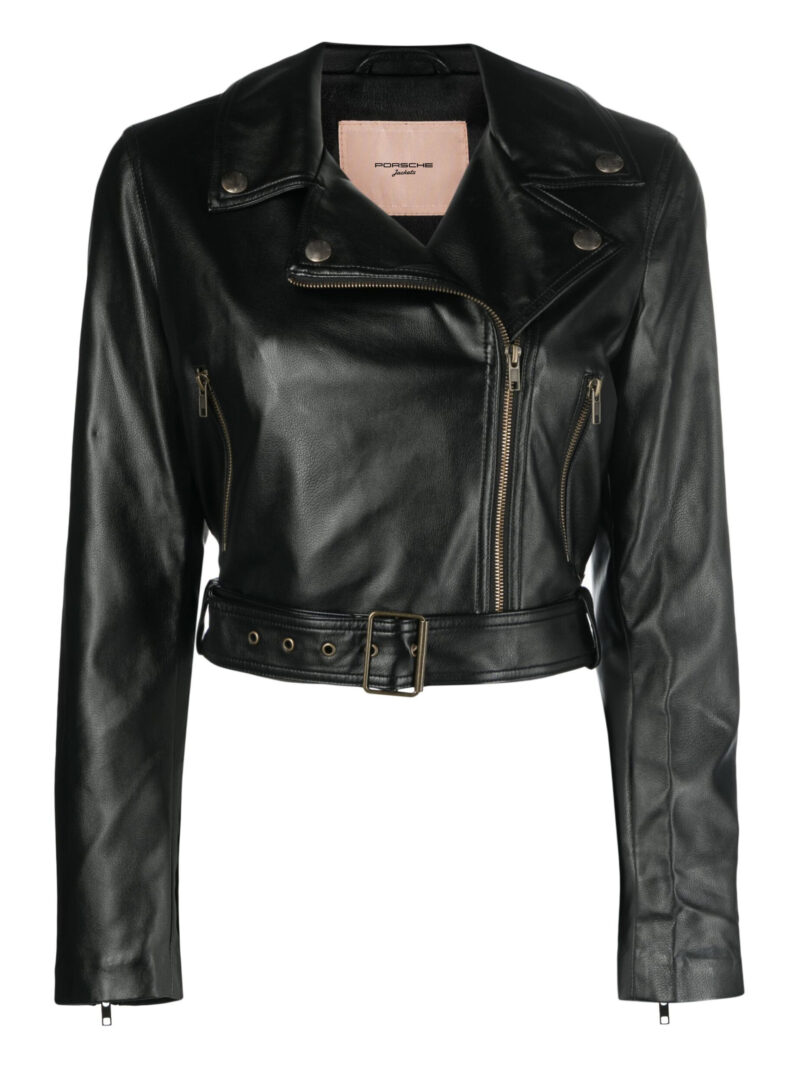 Porsche Women's Black & Tan Brown Lambskin Biker Jacket | Off-Centre Zip, Belted Waist | Cropped Style - Image 6