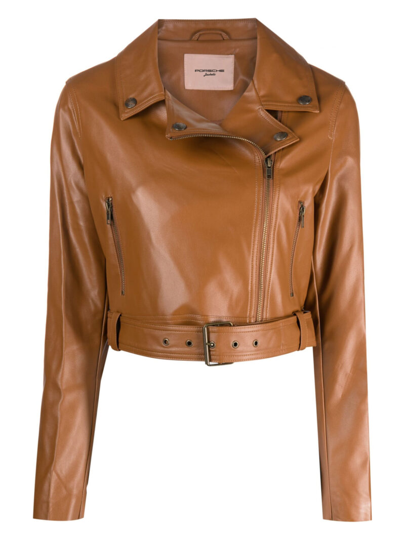 Porsche Women's Black & Tan Brown Lambskin Biker Jacket | Off-Centre Zip, Belted Waist | Cropped Style