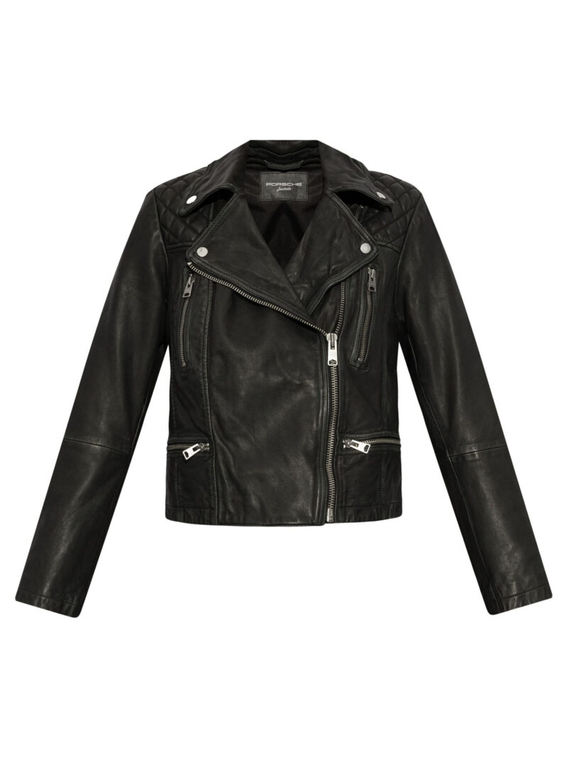 Porsche Women's Black Lambskin Biker Jacket with Off-Center Zip and Diamond Quilting