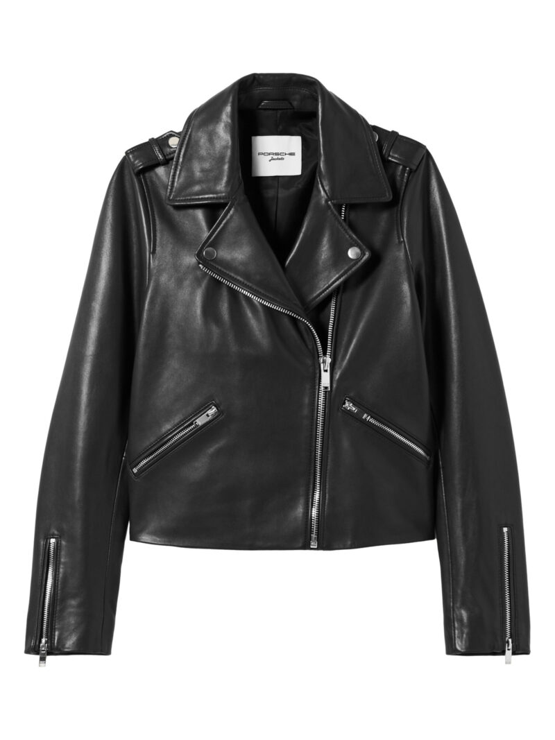 Porsche Women's Black Leather Biker Jacket | Front Zip & Peak Lapels