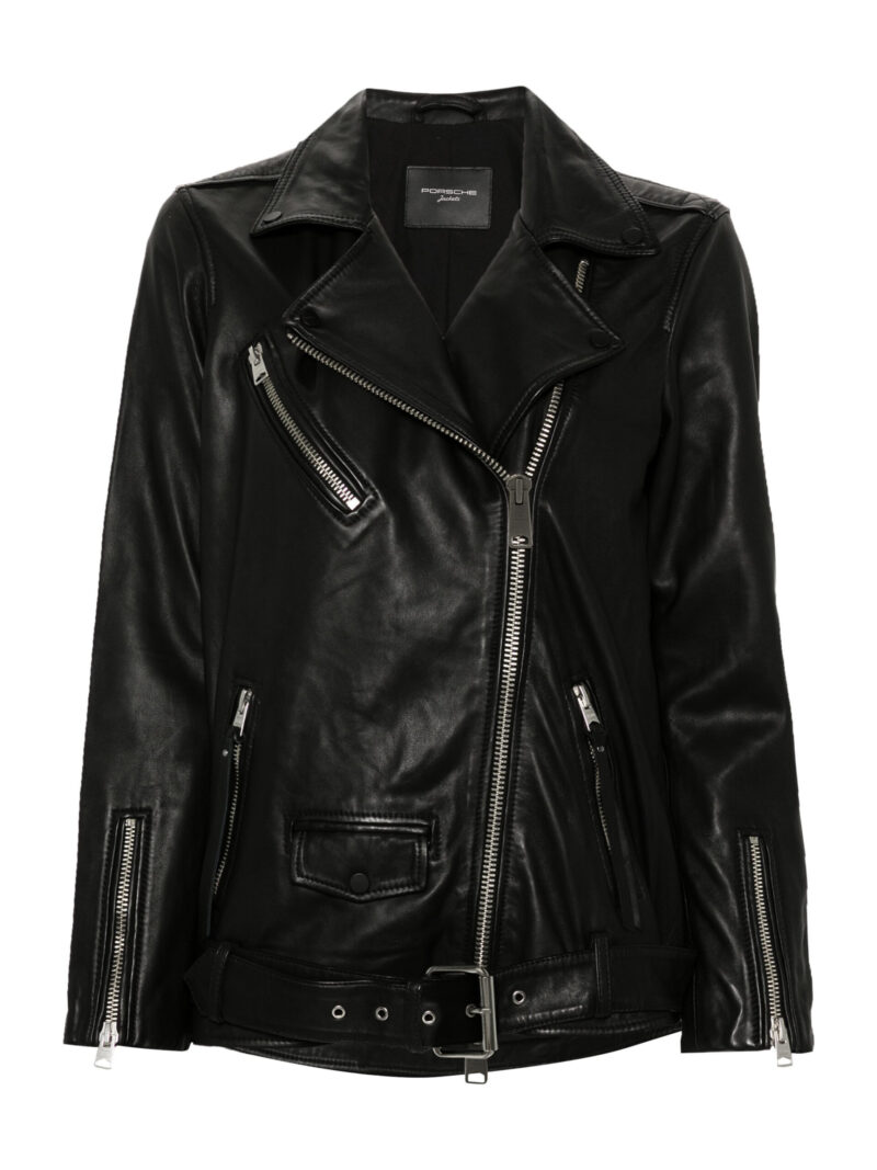 Porsche Black Sheepskin Leather Jacket For Women's - Off-Center Zip & Classic Collar