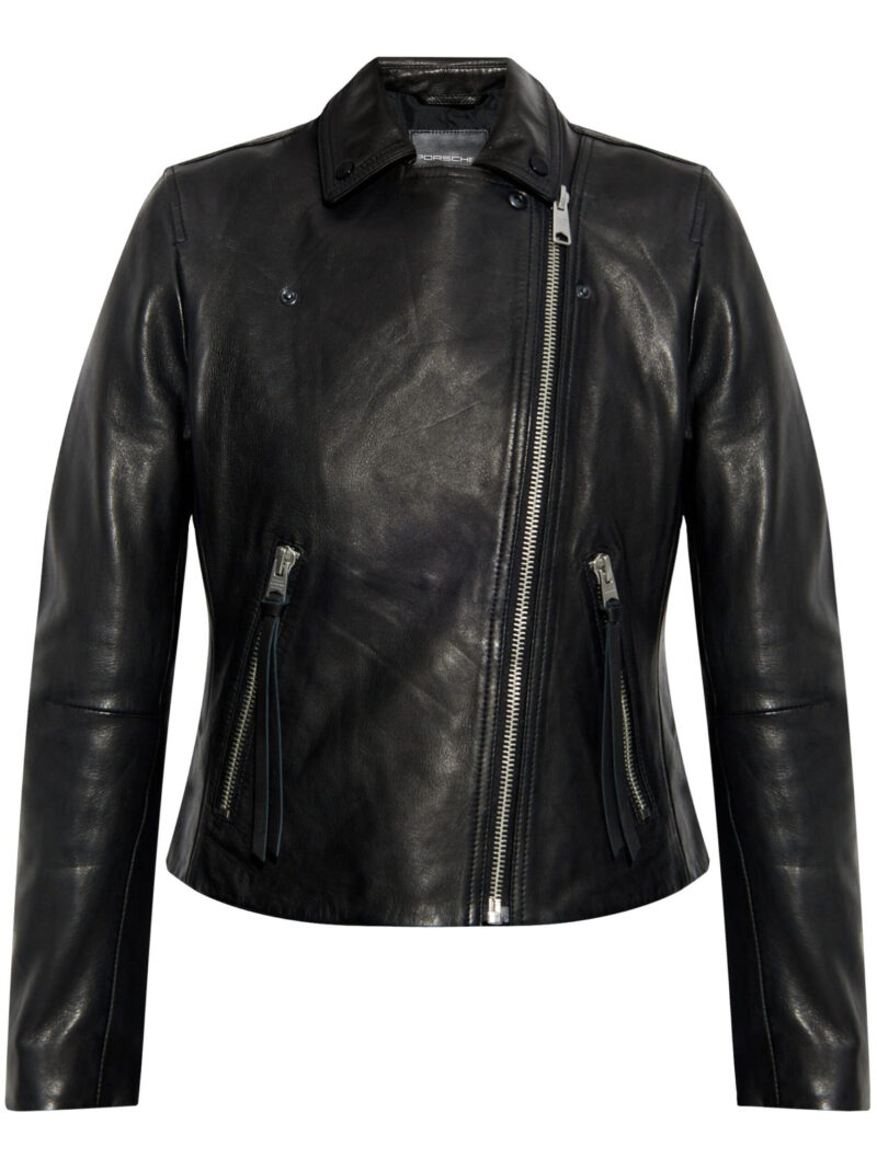 Porsche Black Leather Biker Jacket with Off-Center Zip and Side Pockets - Luxury Women's Fashion