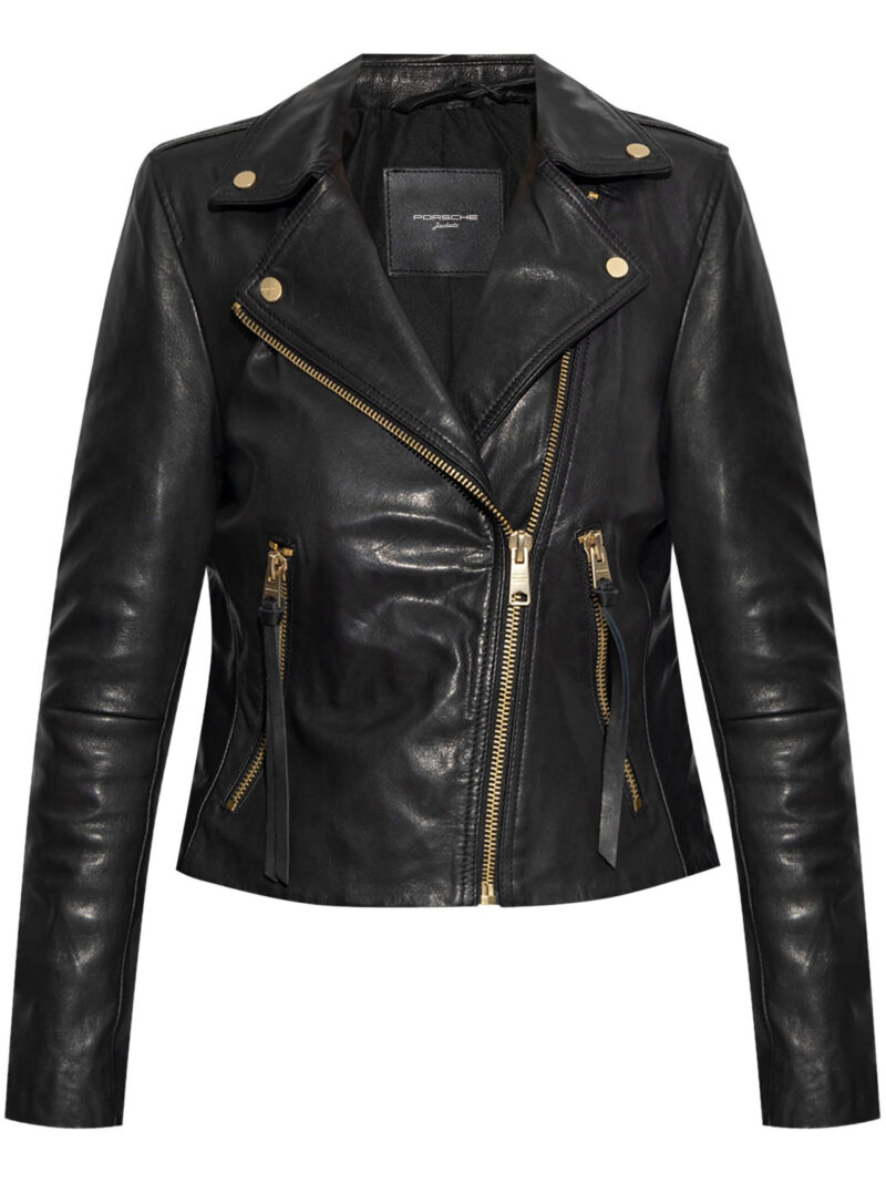 Porsche Black Leather Jacket For Women's with Off-Center Zip and Notched Lapels