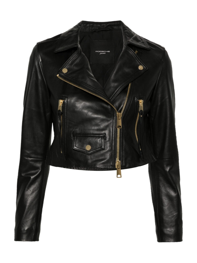 Porsche Women's Black Lambskin Cropped Leather Jacket with Off-Center Zip