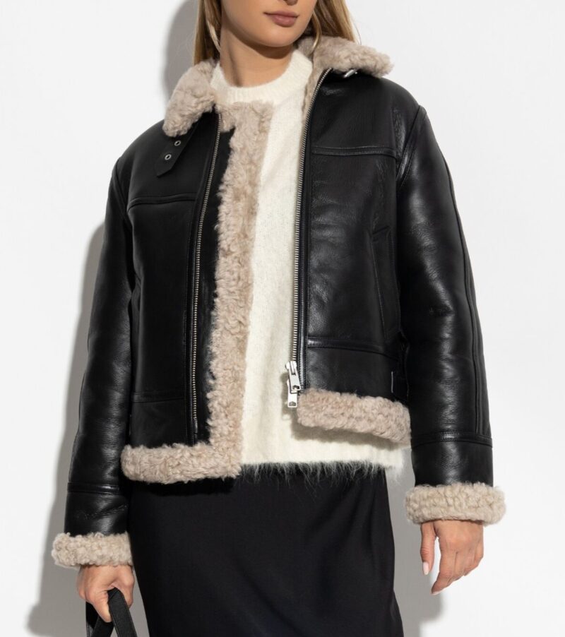 Porsche Black Leather Shearling Jacket for Women - Image 5